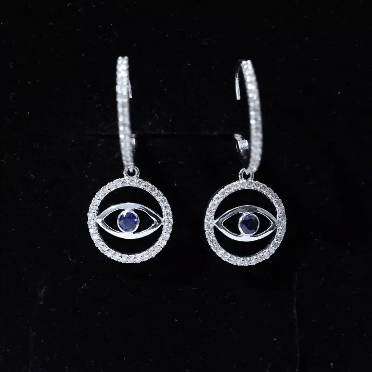 1 CT Blue Sapphire and Diamond Evil Eye Hoop Drop Earrings in Gold