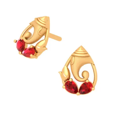 14k Lord Ganesha Gold Earring Design With Red Teardrop Gem