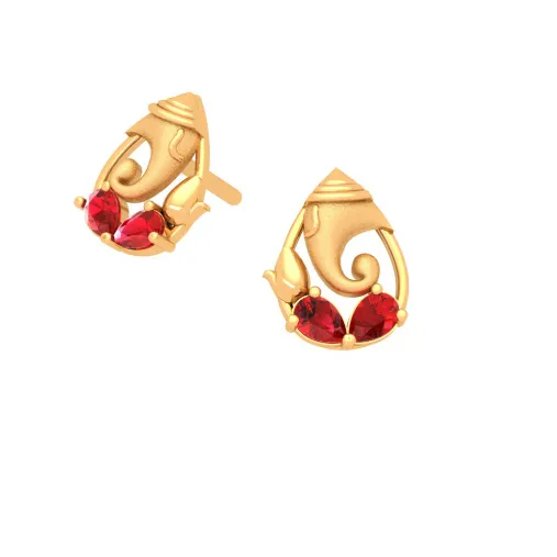 14k Lord Ganesha Gold Earring Design With Red Teardrop Gem