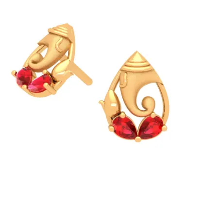 14k Lord Ganesha Gold Earring Design With Red Teardrop Gem