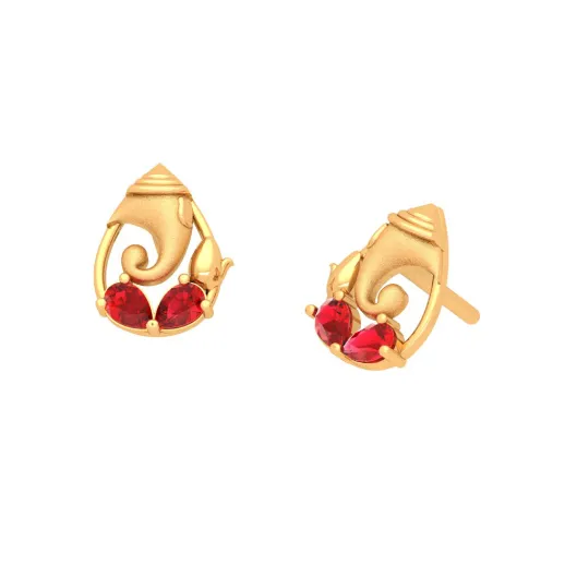 14k Lord Ganesha Gold Earring Design With Red Teardrop Gem