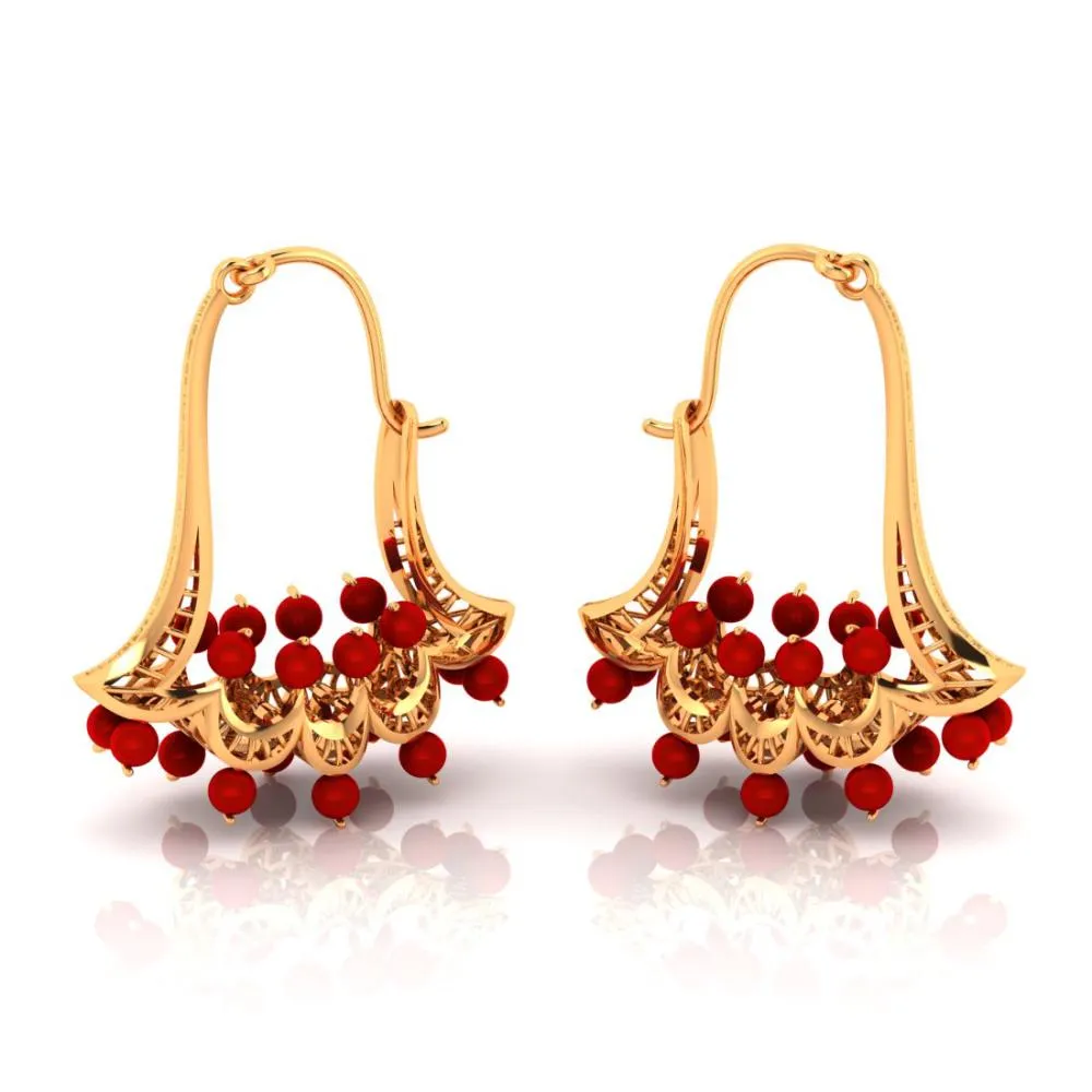 18k Gold Earrings With Floral Designs And Red Stones