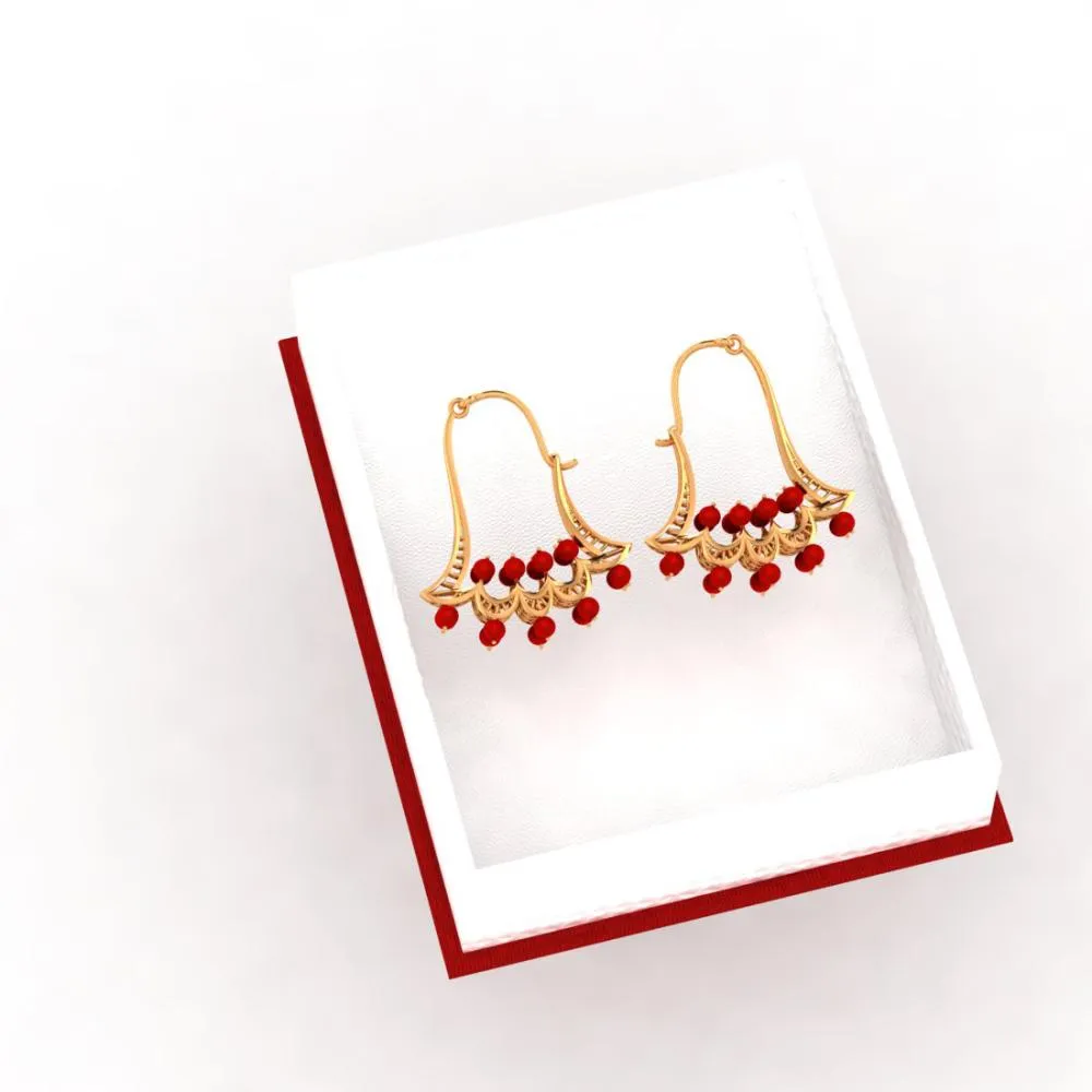 18k Gold Earrings With Floral Designs And Red Stones