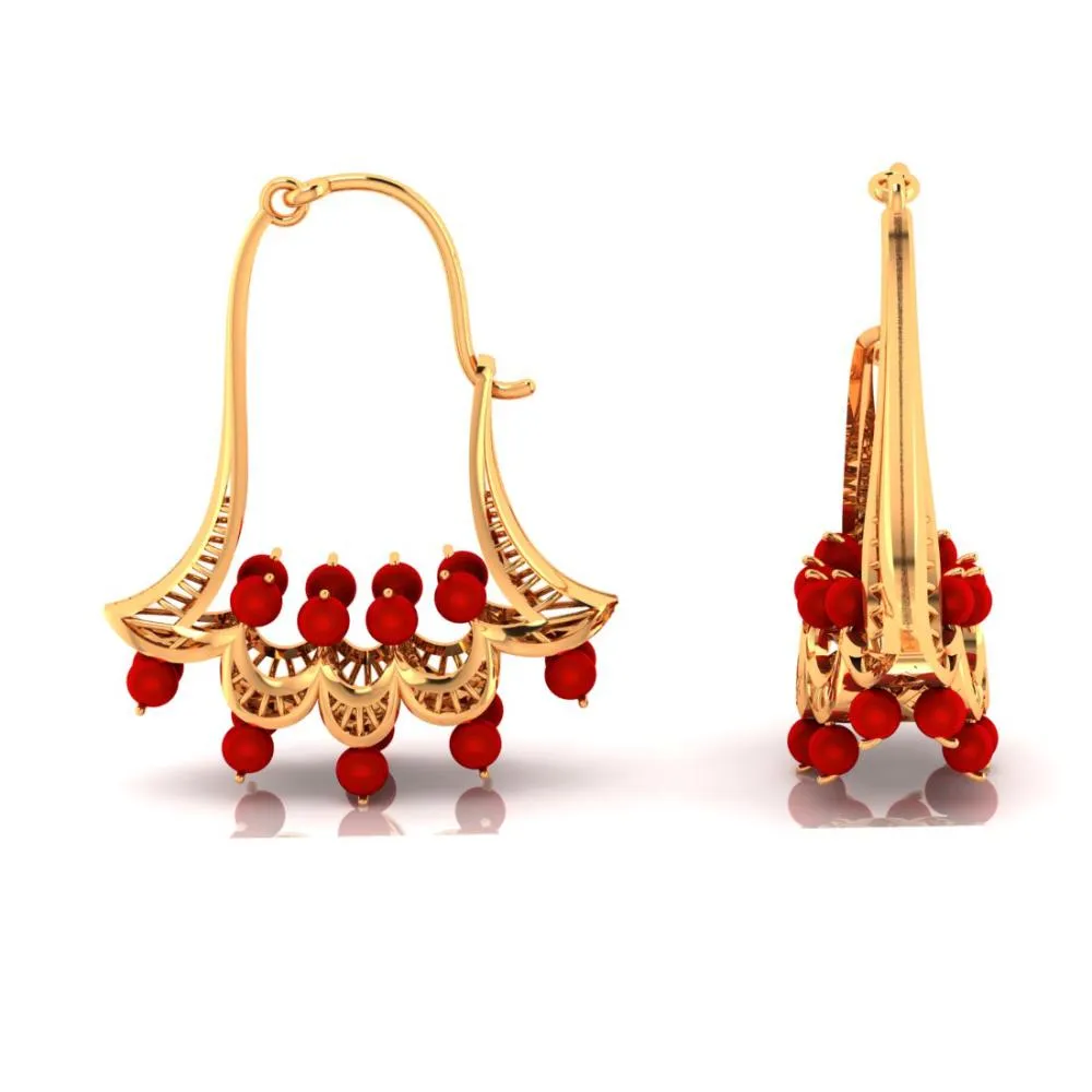 18k Gold Earrings With Floral Designs And Red Stones