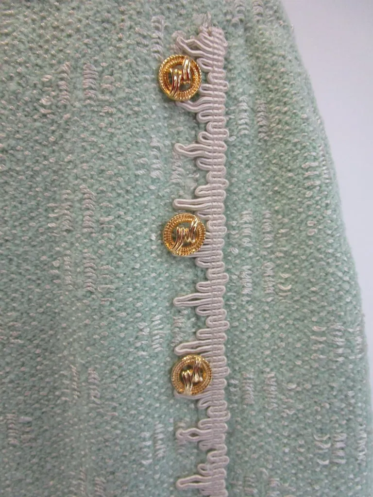 1970s Adolfo Mint Green Wool Knit Skirt and Jacket