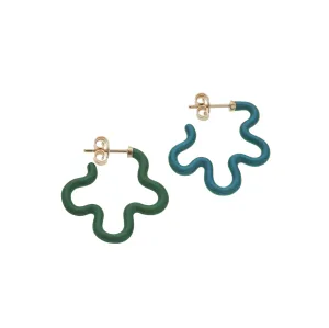 2 TONE ASYMMETRICAL FLOWER POWER EARRINGS IN TEAL AND EMARALD GREEN