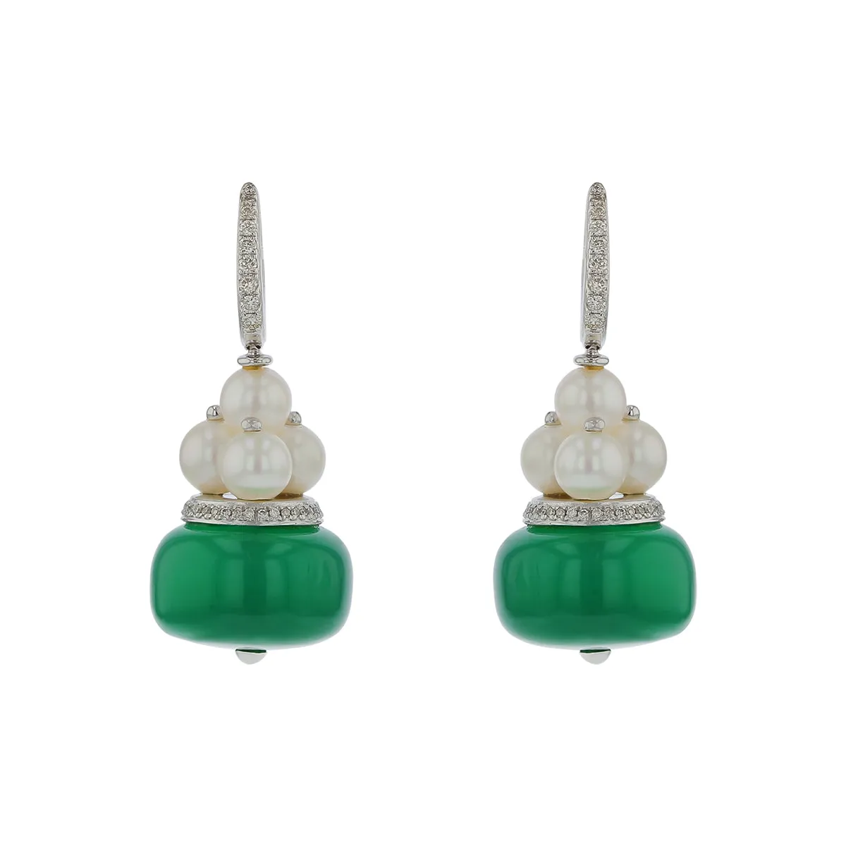 44.45Ct Green Onyx, Keshi Pearl and 0.38Ct Diamond Drop Earrings in 18K White Gold