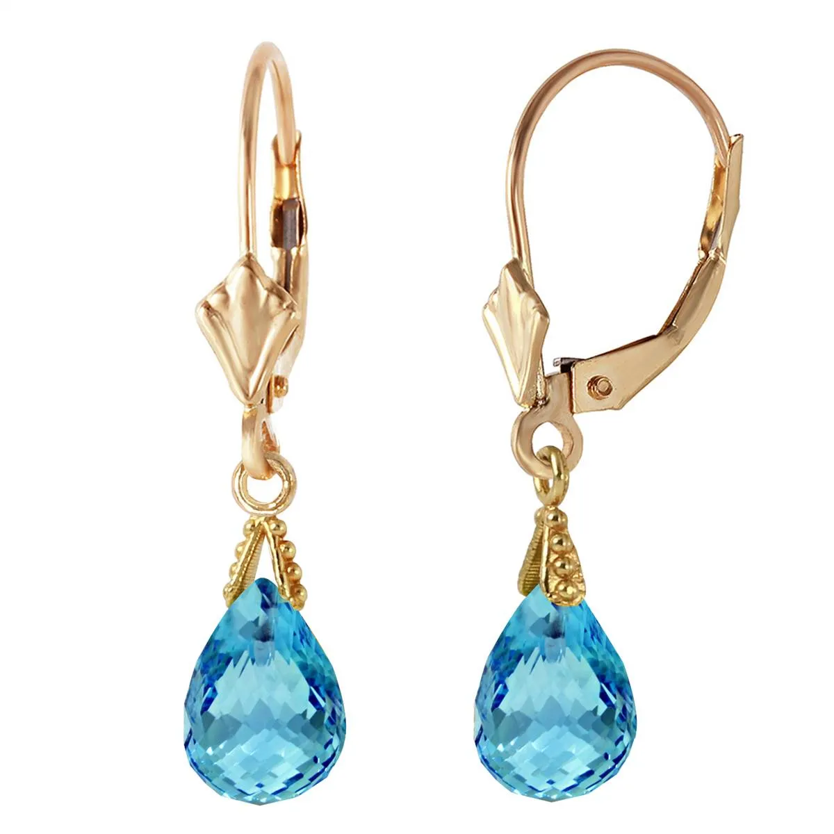 4.5 Carat 14K Solid Yellow Gold Leverback Earrings Briolette Blue Topaz