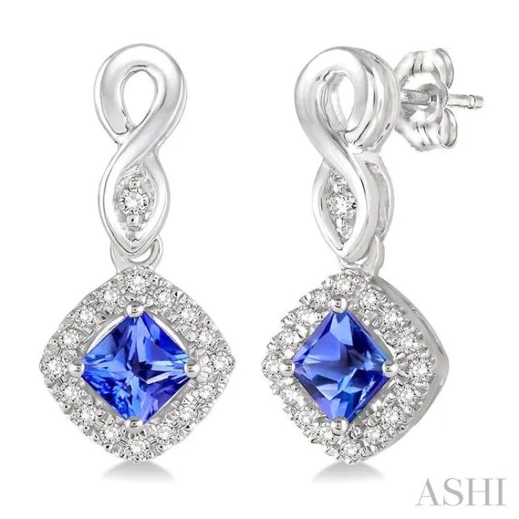 4x4 MM Cushion Cut Tanzanite and 1/5 Ctw Round Cut Diamond Earrings in 14K White Gold