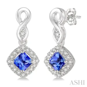 4x4 MM Cushion Cut Tanzanite and 1/5 Ctw Round Cut Diamond Earrings in 14K White Gold