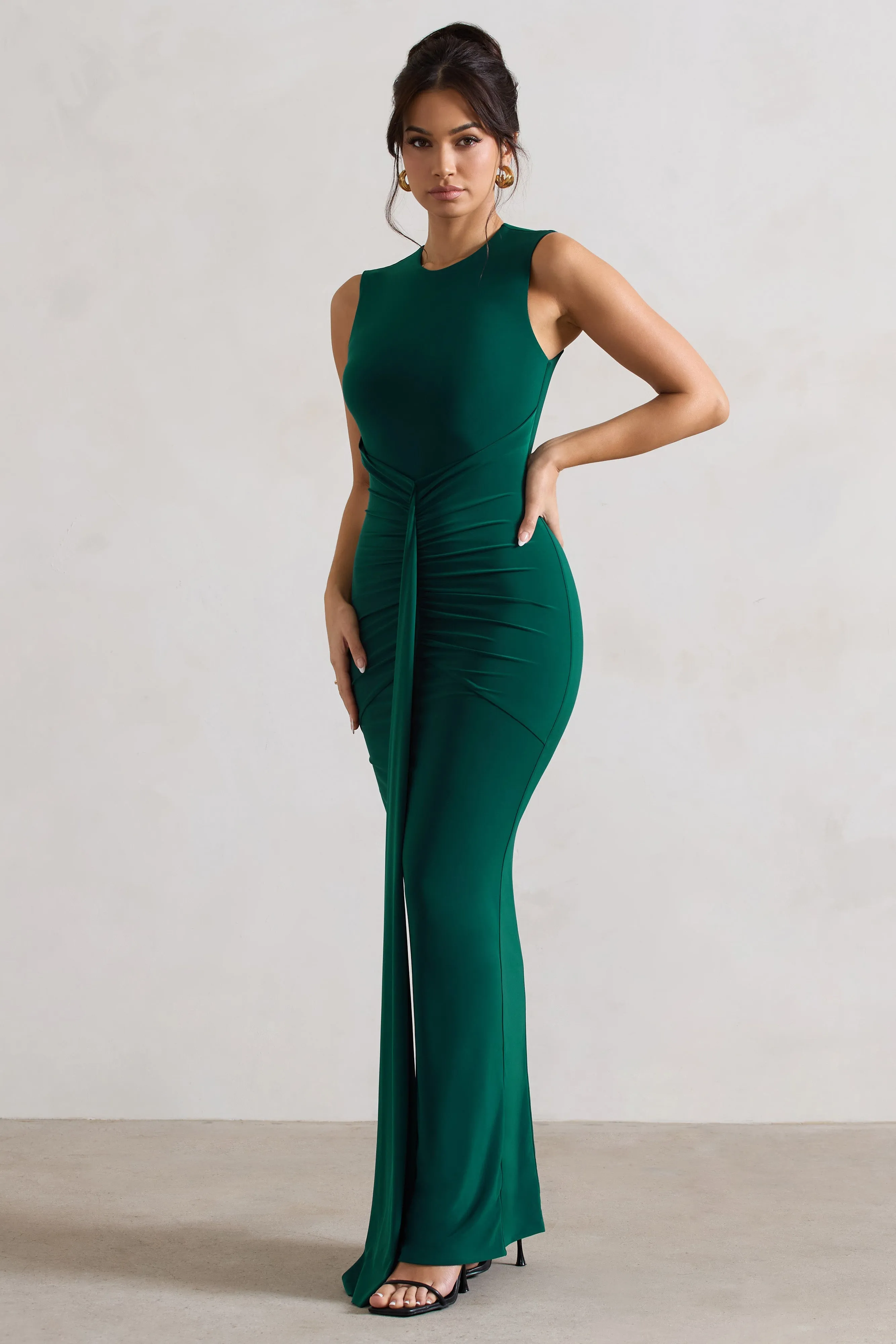 Alexa | Bottle Green High-Neck Gathered Maxi Dress With Drape