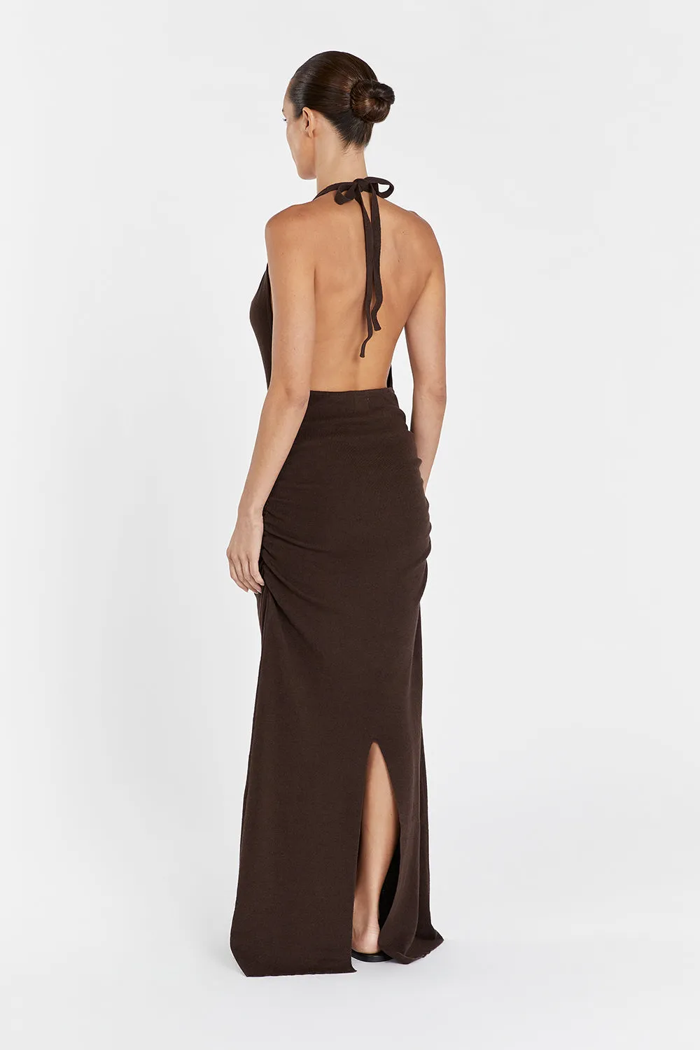 ALICE CHOC COWL NECK HALTER MIDI DRESS