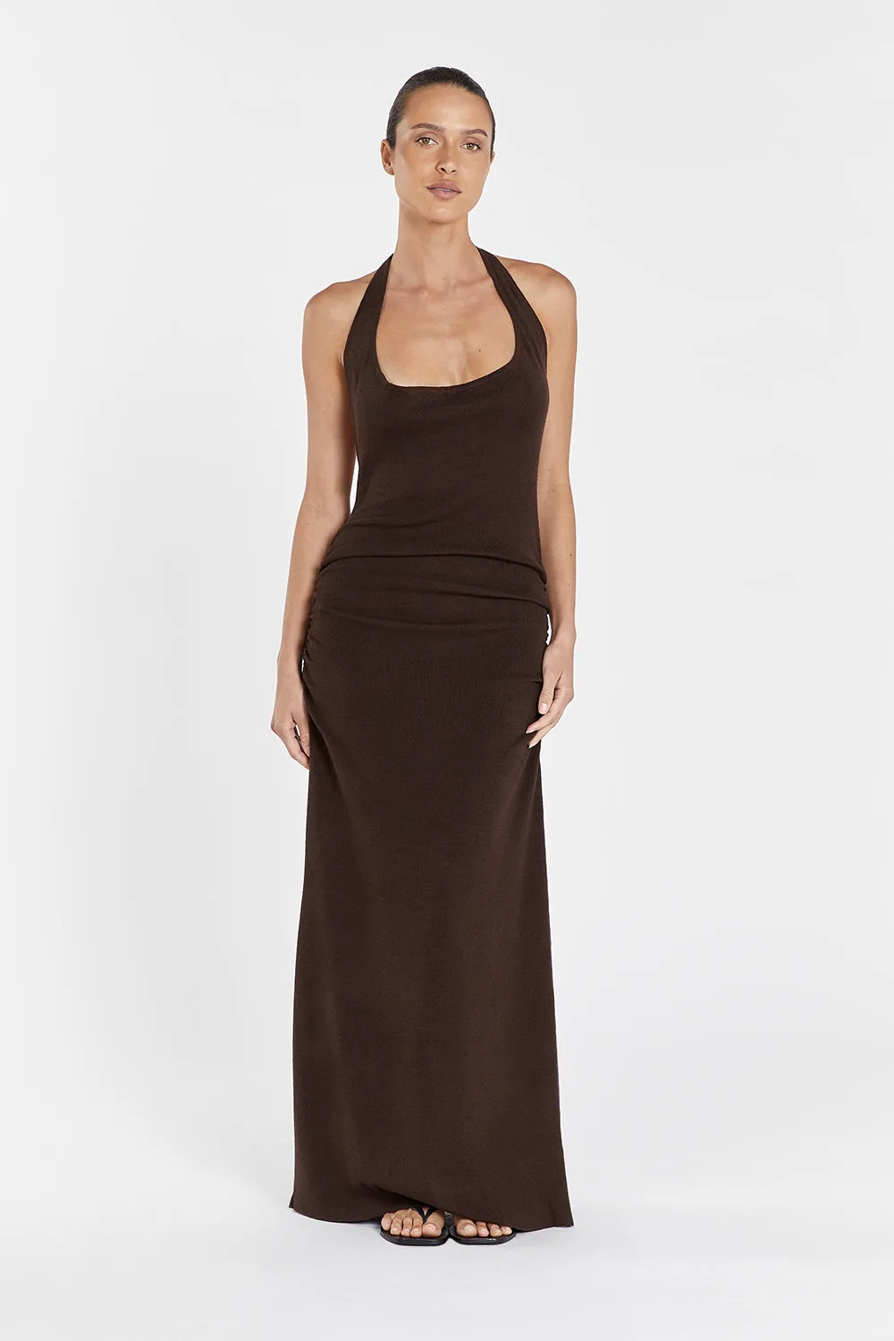 ALICE CHOC COWL NECK HALTER MIDI DRESS