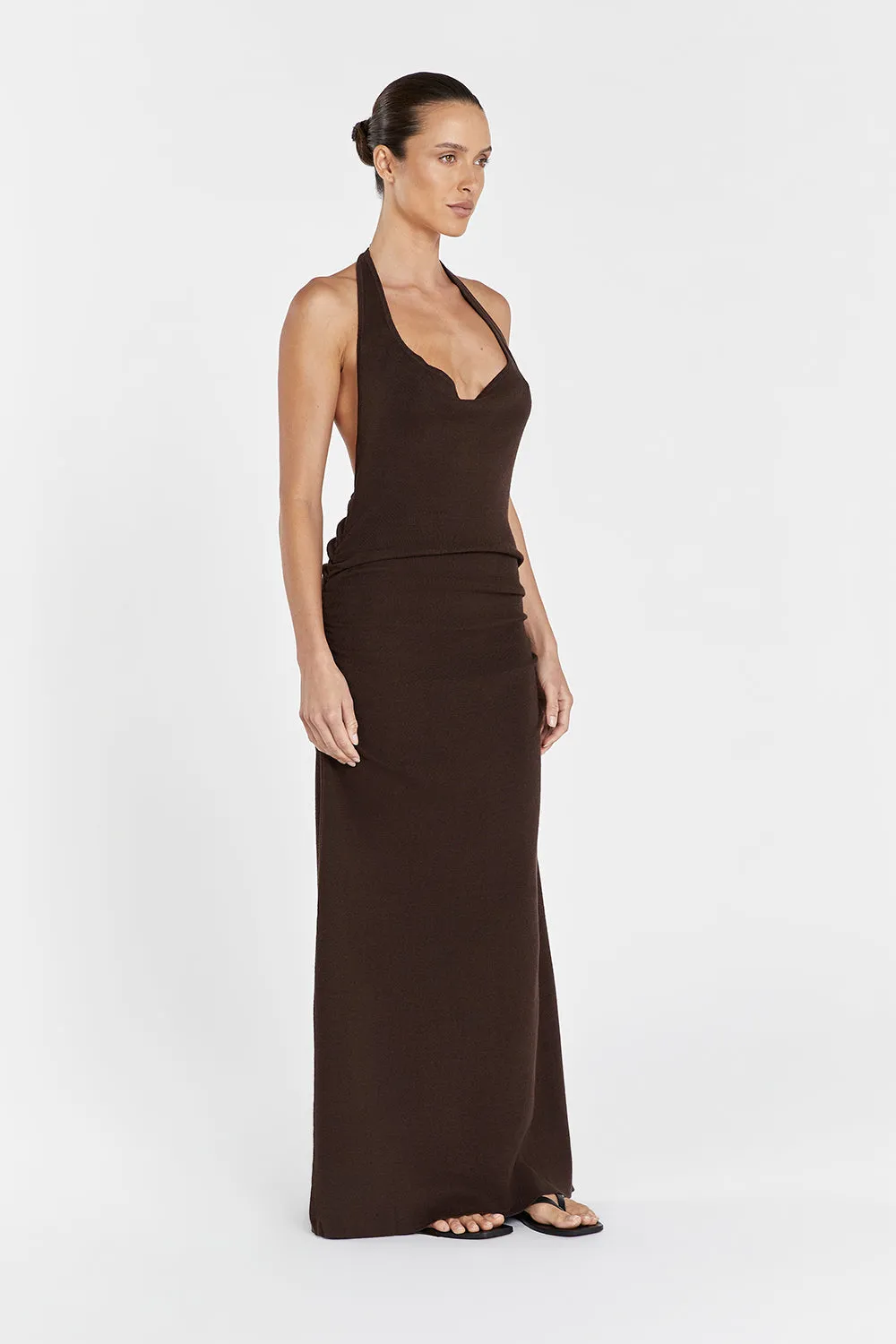 ALICE CHOC COWL NECK HALTER MIDI DRESS