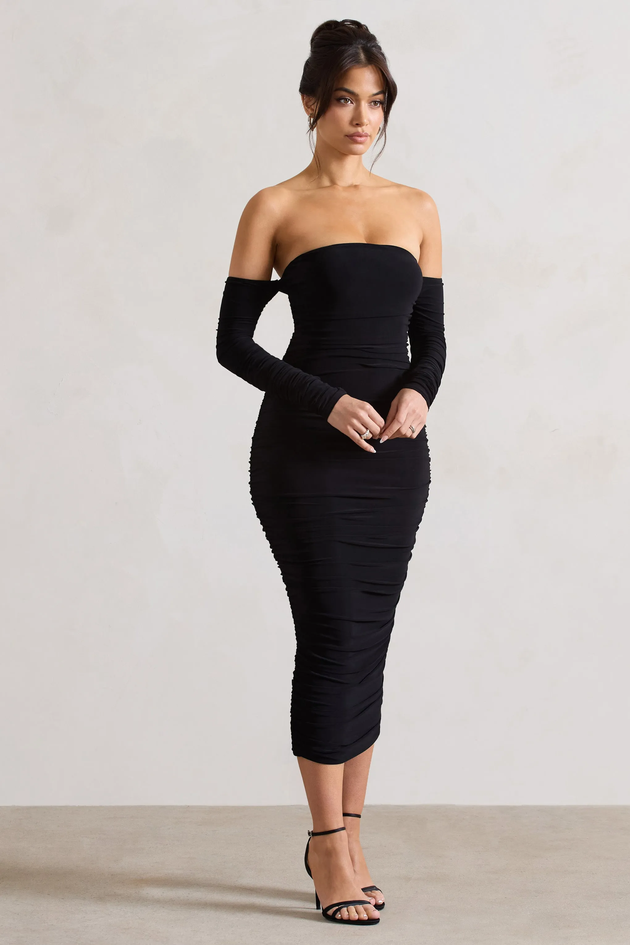 Anissa | Black Ruched Bardot Midi Dress