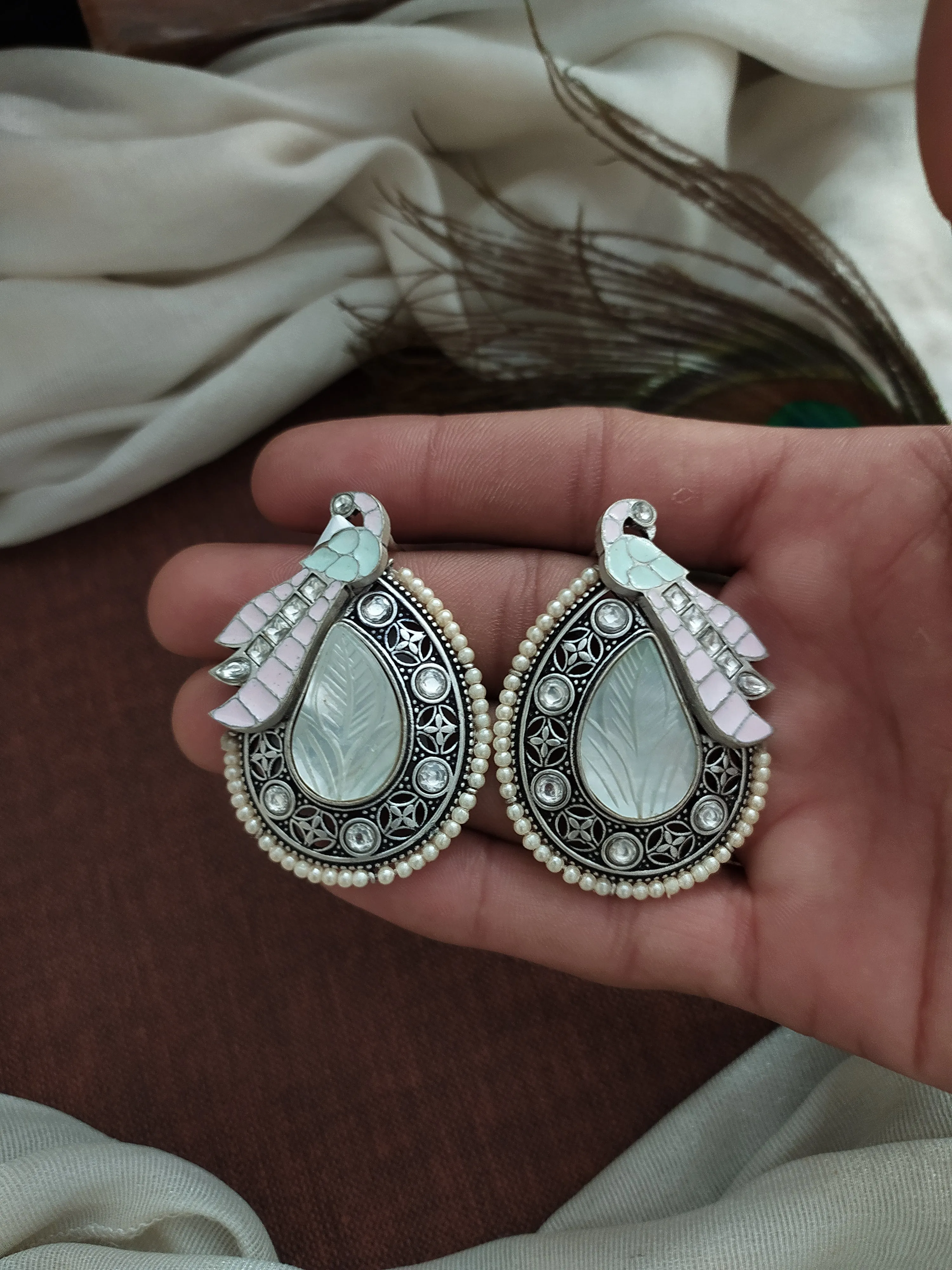 Artisan-Crafted Oxidized Peacock Stud Earrings with Quartz Stones