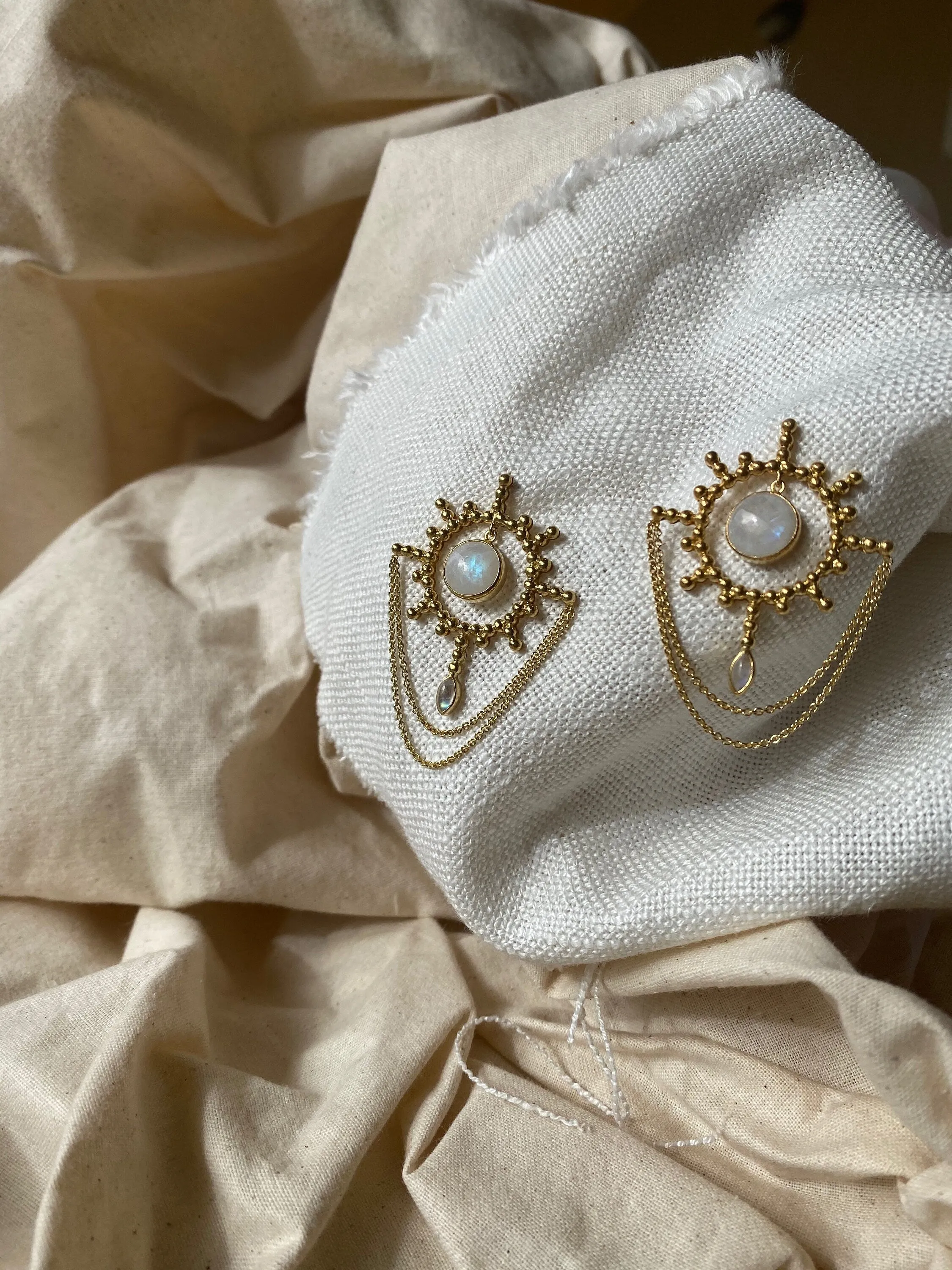 Aurora Sun 14K Gold Rainbow Moonstone Statement Earrings