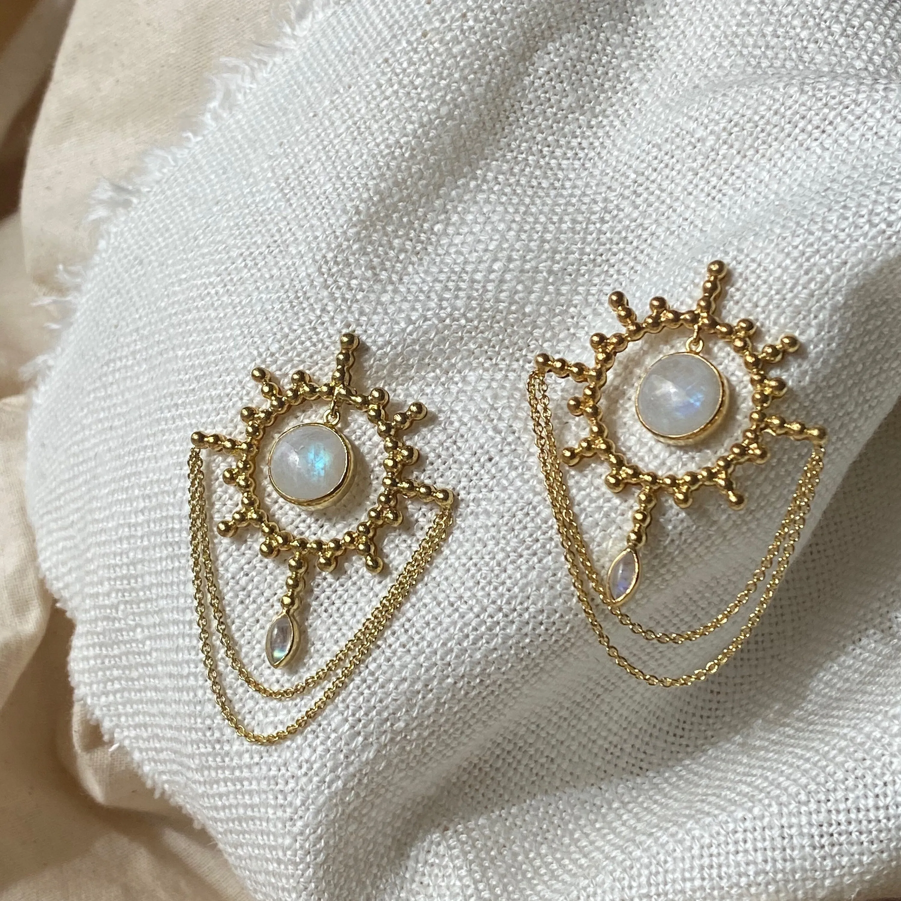 Aurora Sun 14K Gold Rainbow Moonstone Statement Earrings