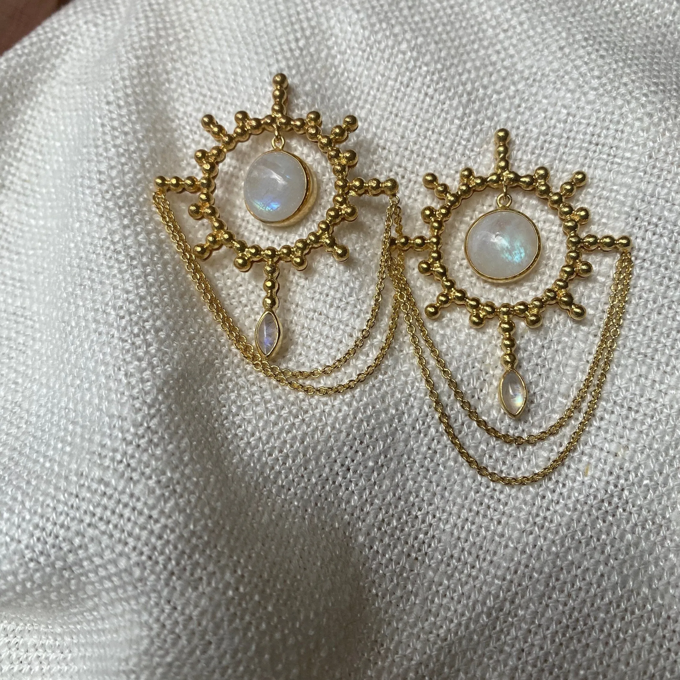 Aurora Sun 14K Gold Rainbow Moonstone Statement Earrings