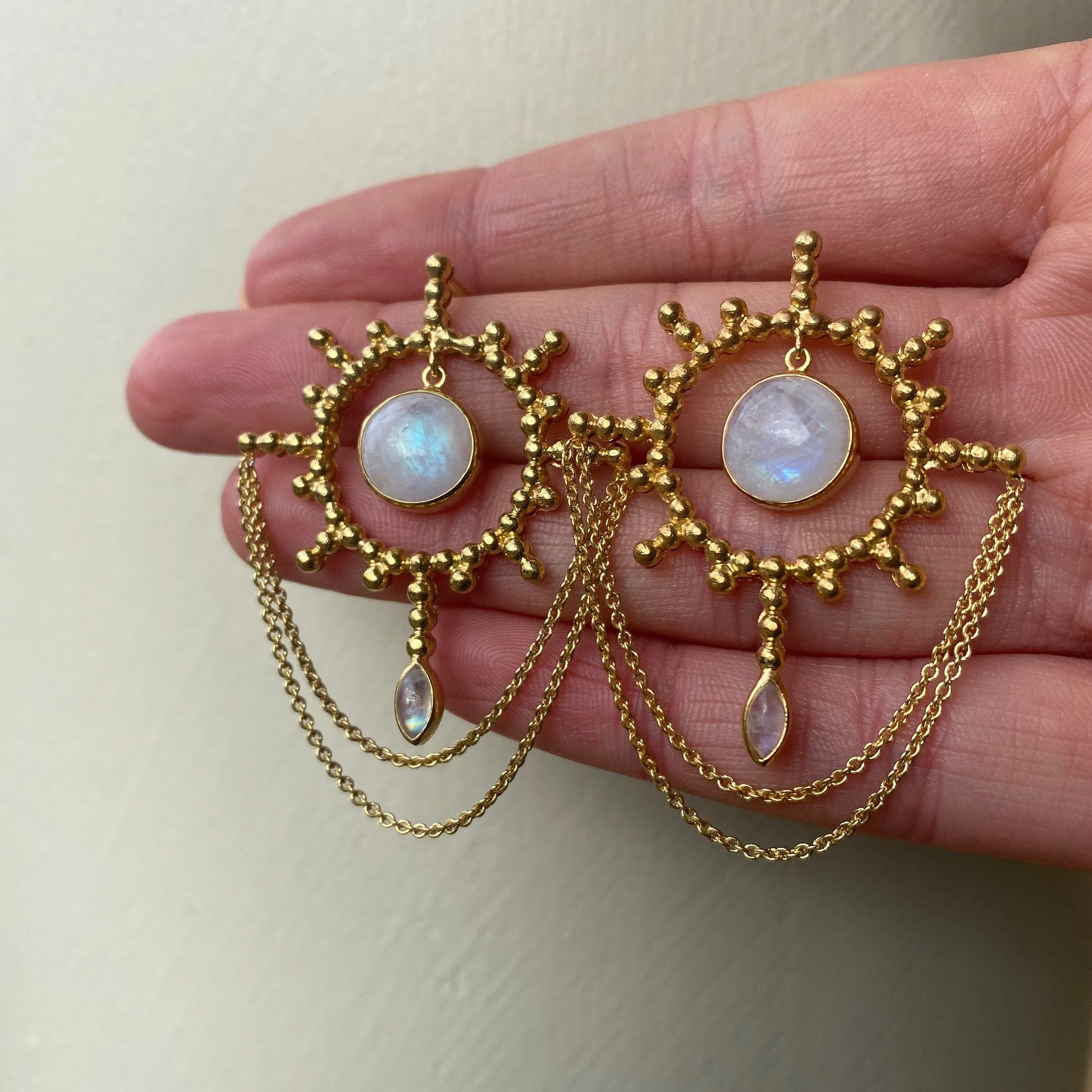 Aurora Sun 14K Gold Rainbow Moonstone Statement Earrings