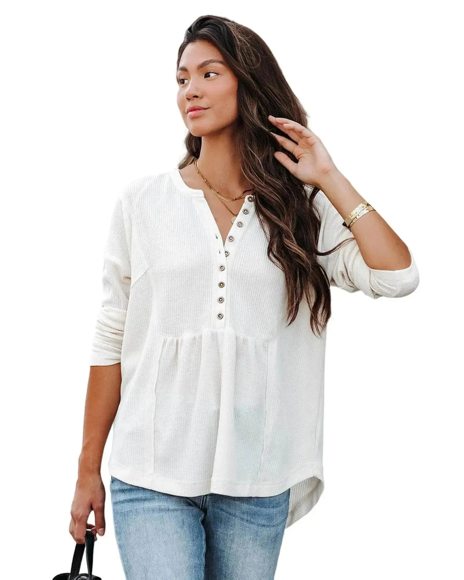 Azura Exchange Waffle Knit Half Button Henley Top - L