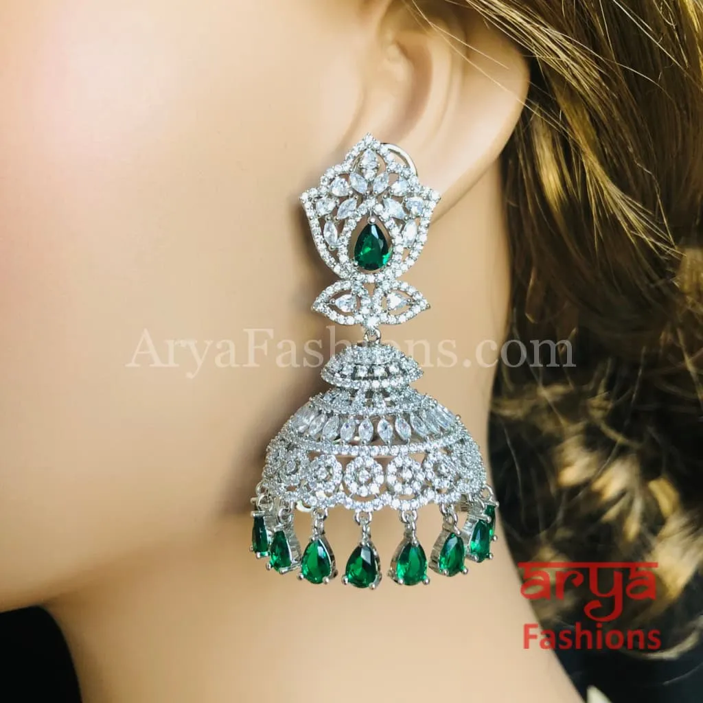 Big Silver CZ Jhumka with Colored stones/ Golden Ruby CZ Jhumka/ CZ Cocktail Earrings