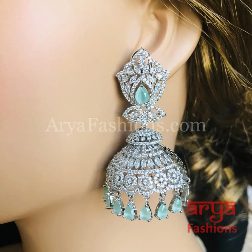 Big Silver CZ Jhumka with Colored stones/ Golden Ruby CZ Jhumka/ CZ Cocktail Earrings