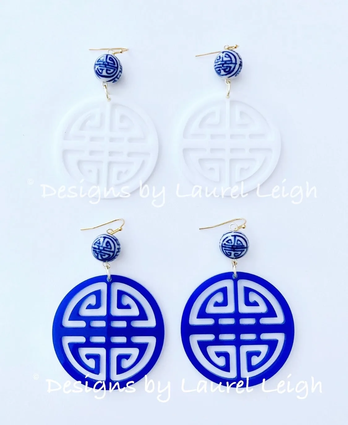 Blue & White Chinoiserie Longevity Earrings