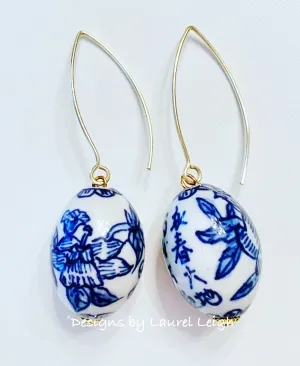 Blue & White Chinoiserie Oval Drop Earrings