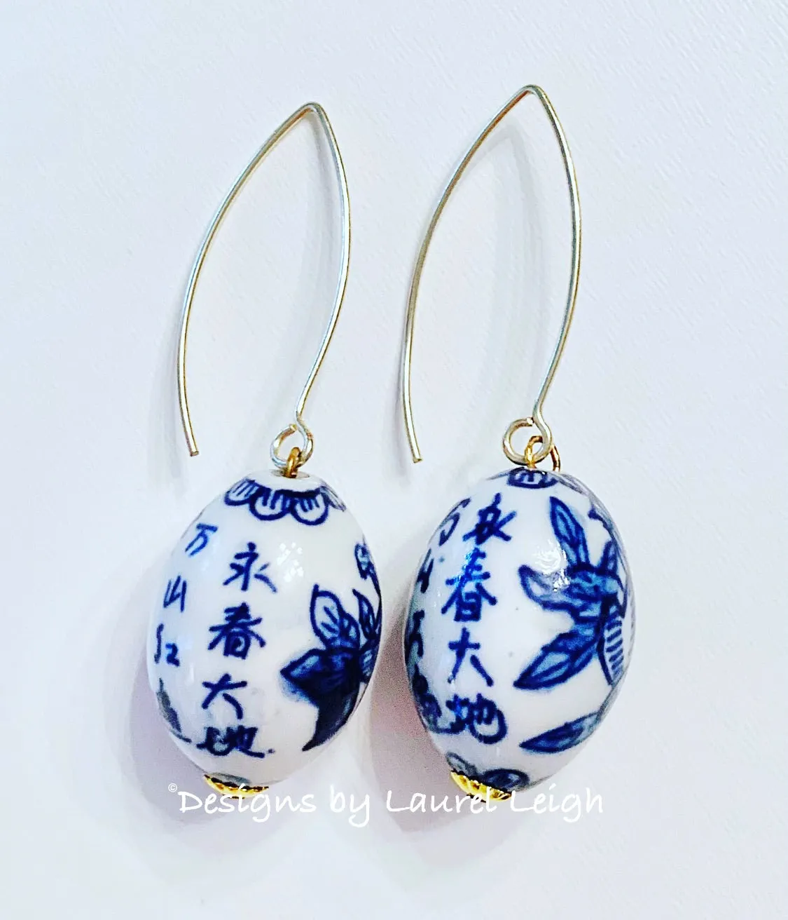 Blue & White Chinoiserie Oval Drop Earrings