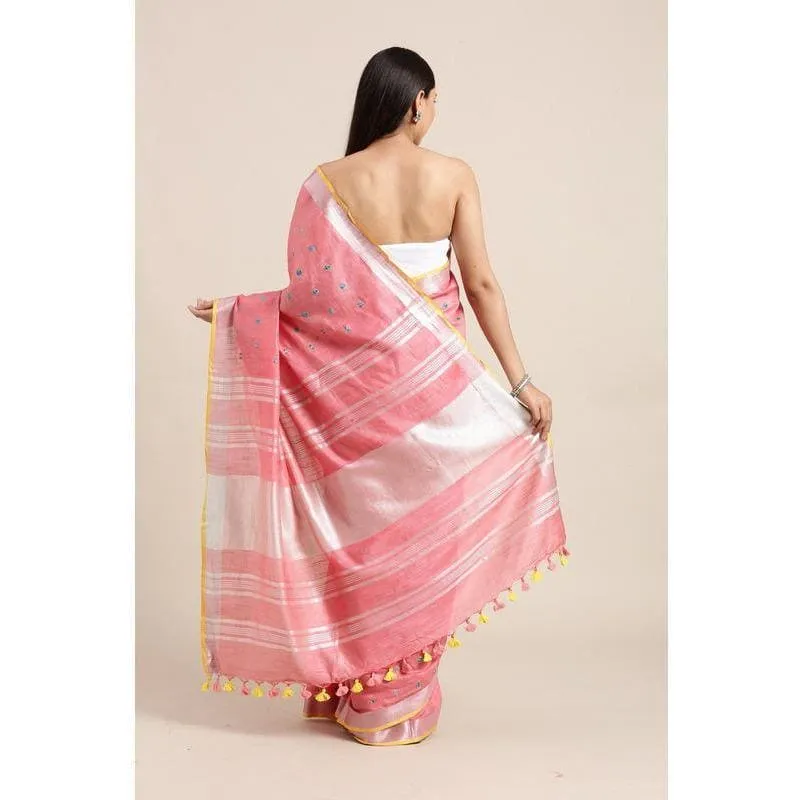 Blush Pink Embroidered Linen Saree.