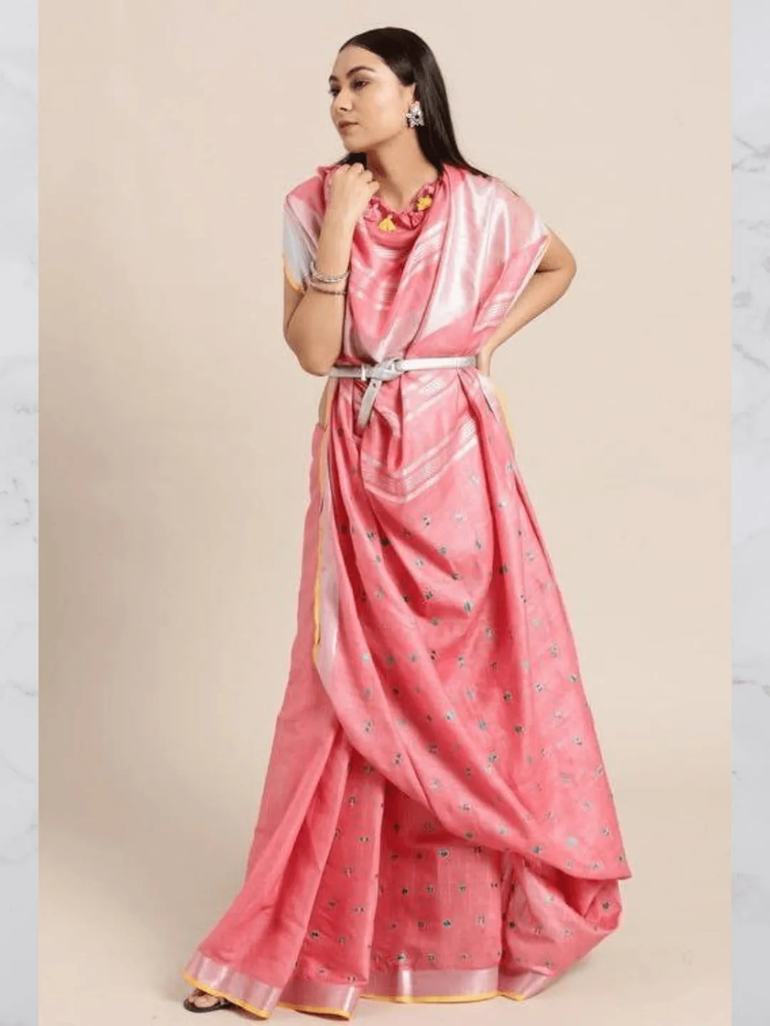 Blush Pink Embroidered Linen Saree.