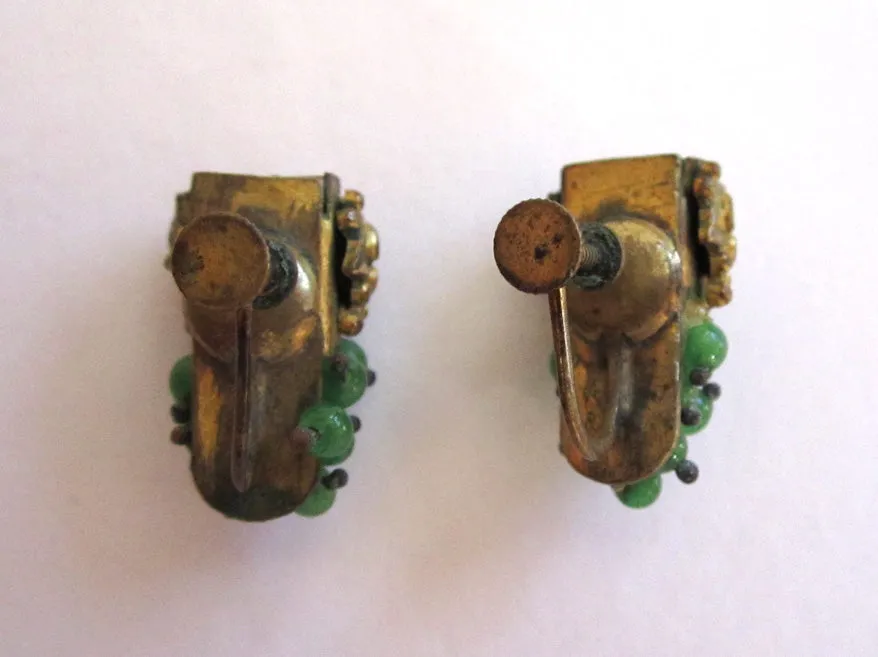 Brass Green Glass Bead Leaf and Floral Earrings