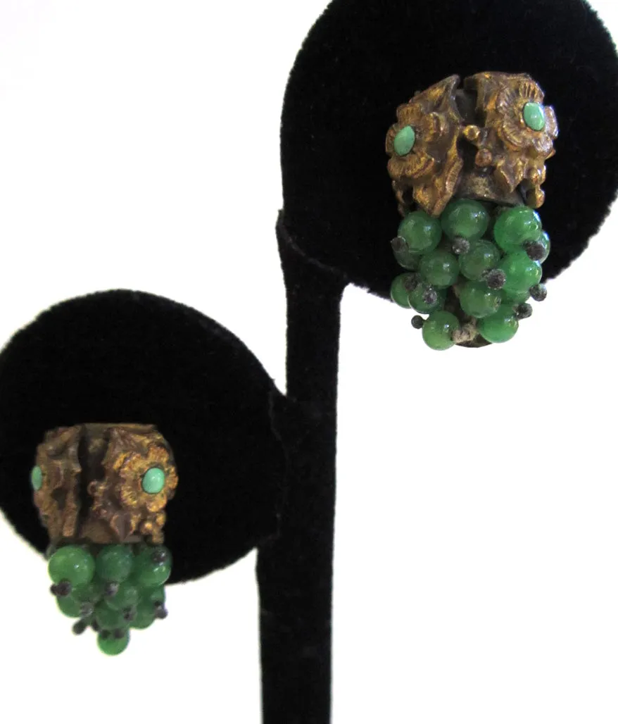 Brass Green Glass Bead Leaf and Floral Earrings