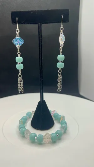 Carolina Blue and Silver Flower Bracelet and Dangle Earrings