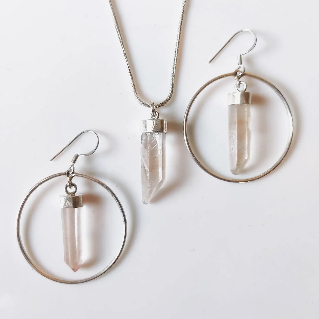 Clear Quartz Point Hoop Earrings and Necklace