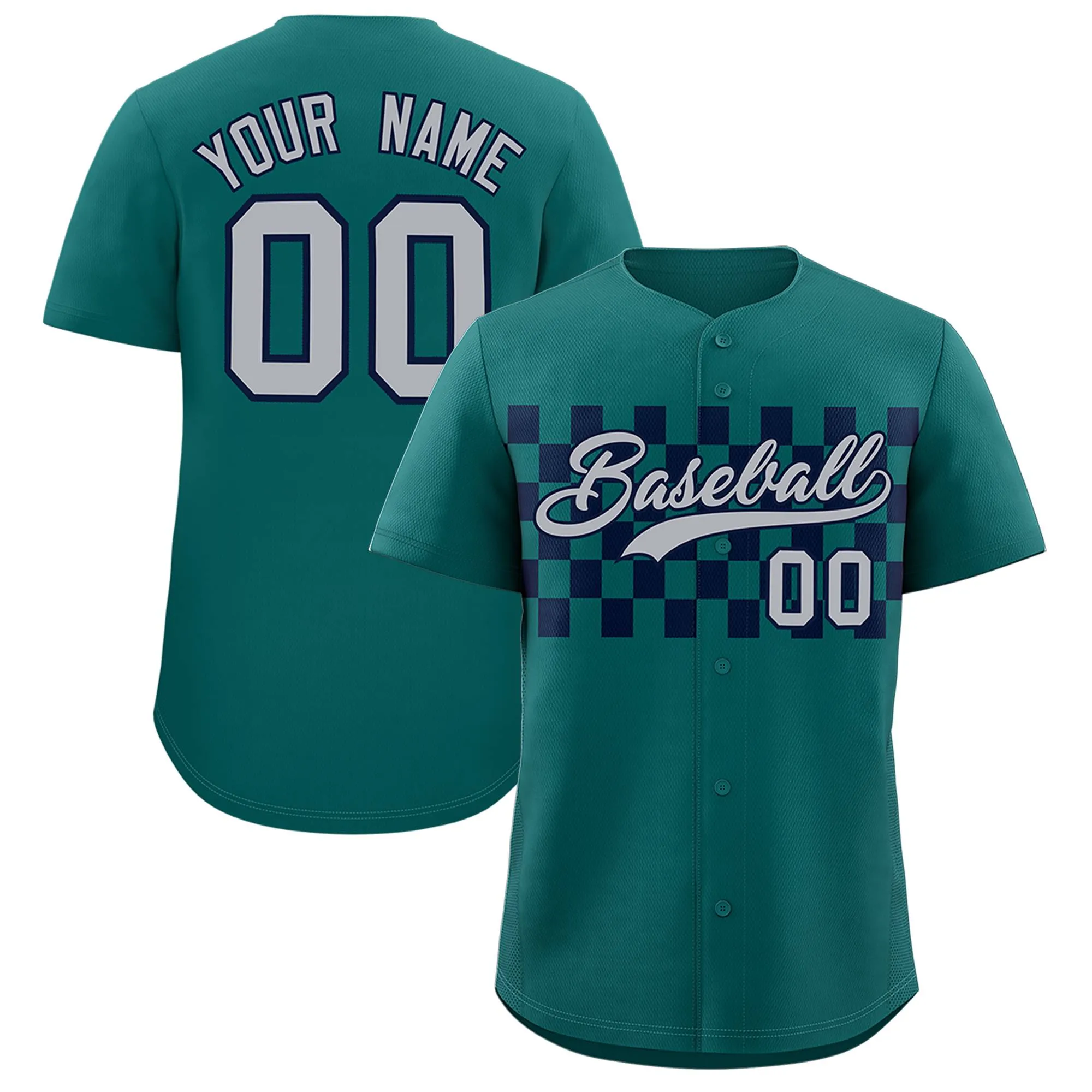 Custom Aqua Navy Personalized Plaid Fashion Design Authentic Baseball Jersey