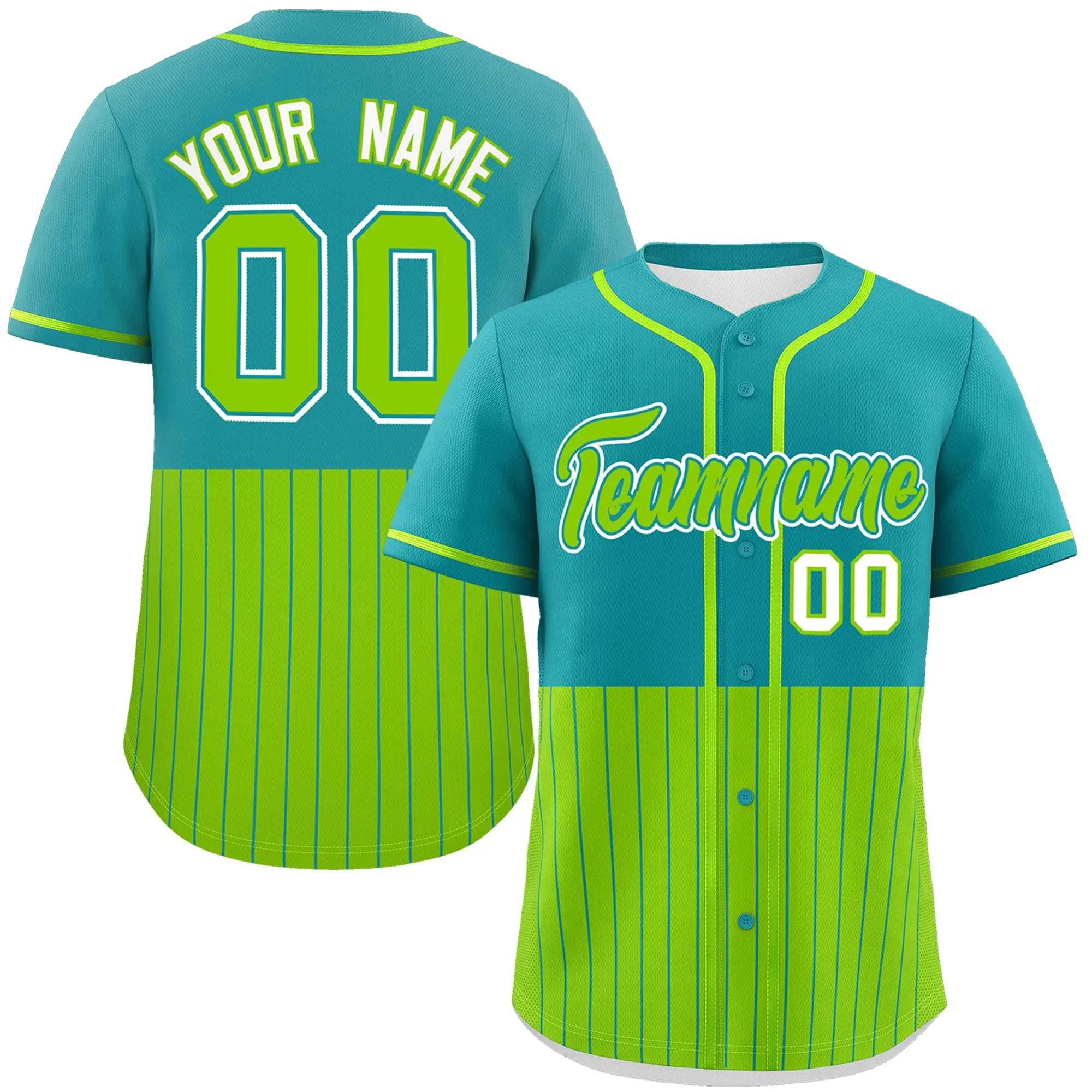 Custom Aqua Neon Green Personalized Half Stripe Design Authentic Baseball Jersey