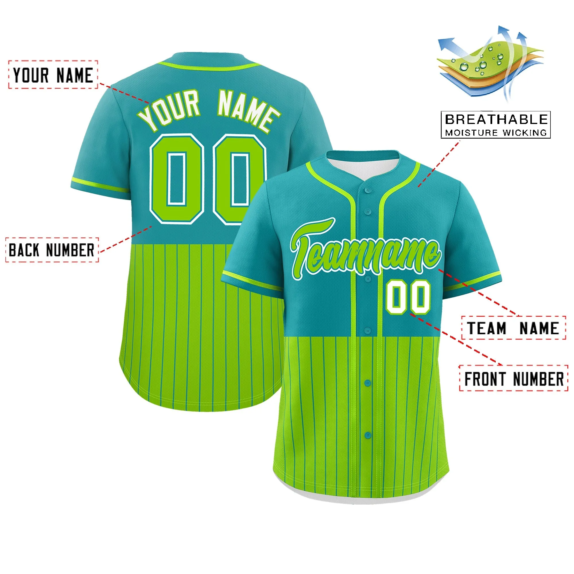 Custom Aqua Neon Green Personalized Half Stripe Design Authentic Baseball Jersey