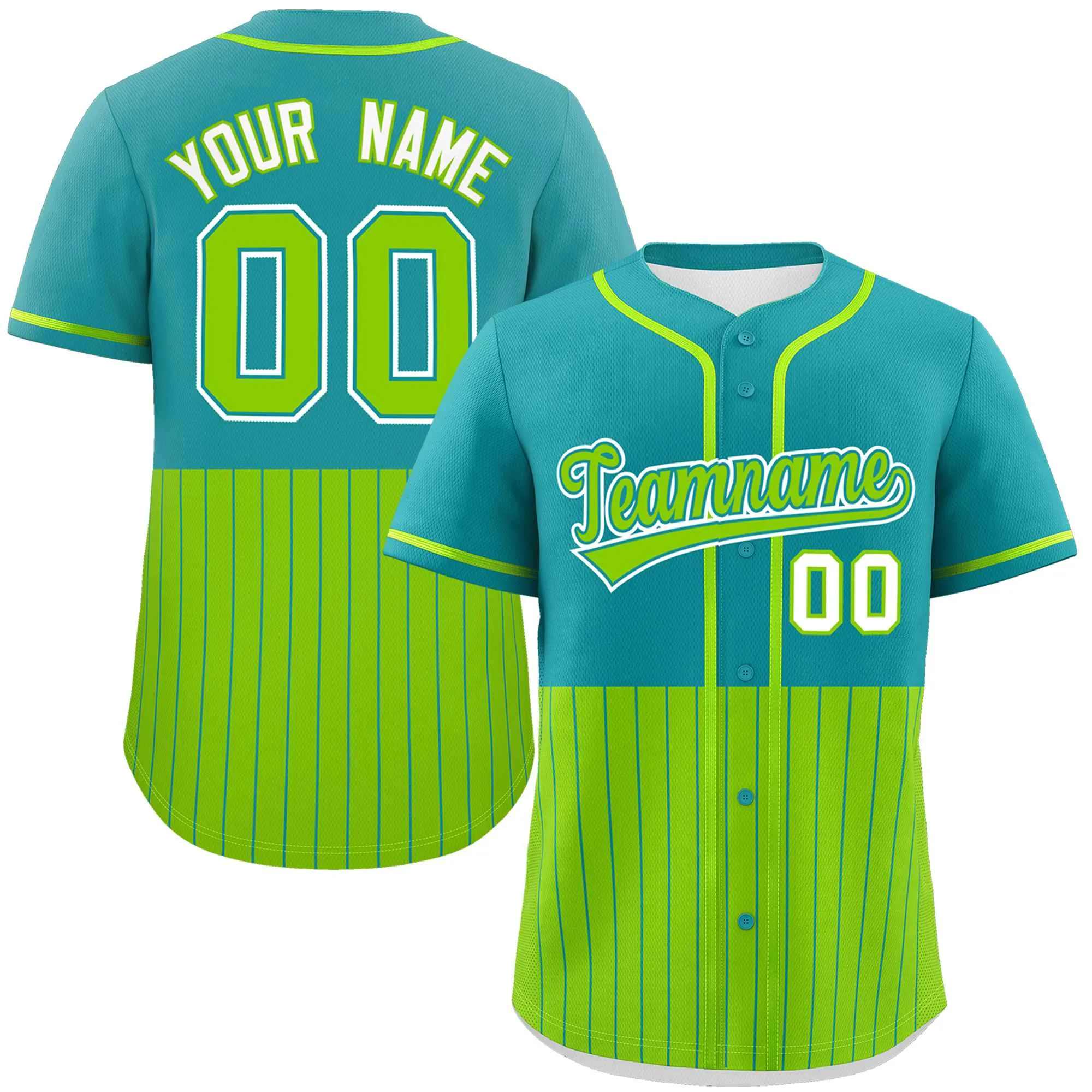 Custom Aqua Neon Green Personalized Half Stripe Design Authentic Baseball Jersey