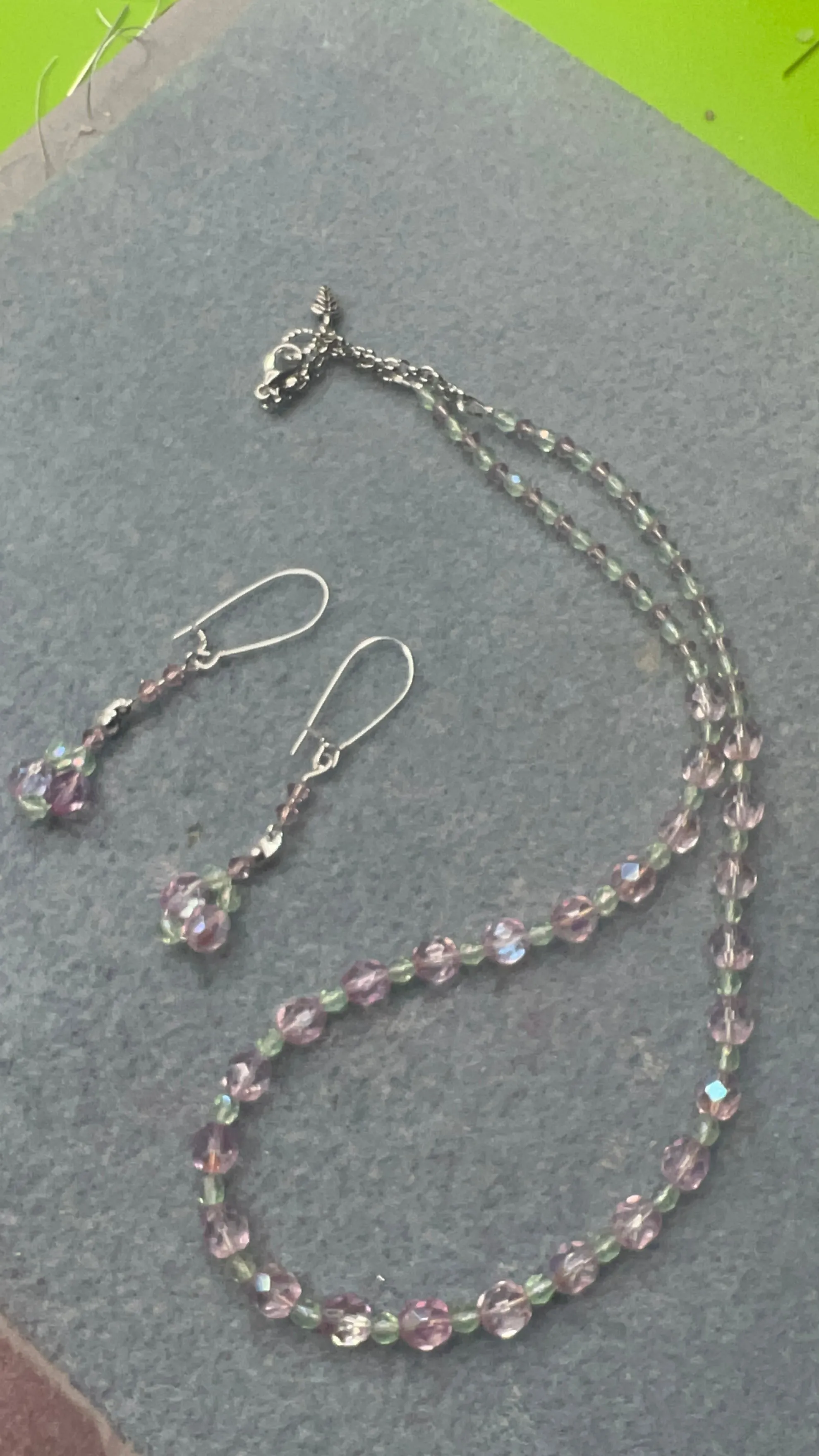 Czech Glass Firepolish Pink and Peridot Crystal Necklace and matching earrings with silver