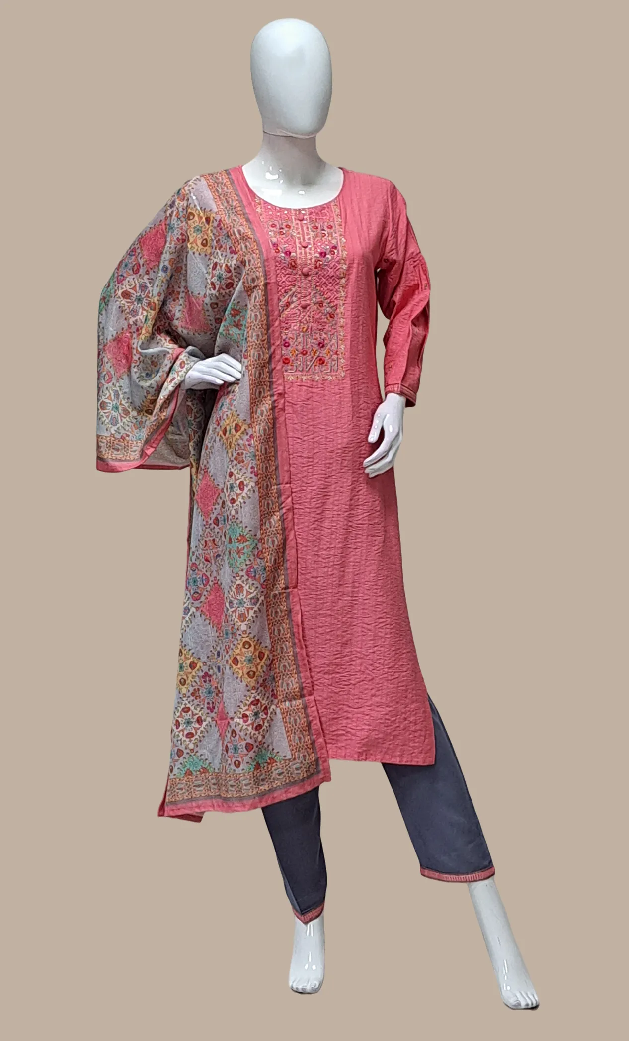 Deep Salmon Embroidered Punjabi