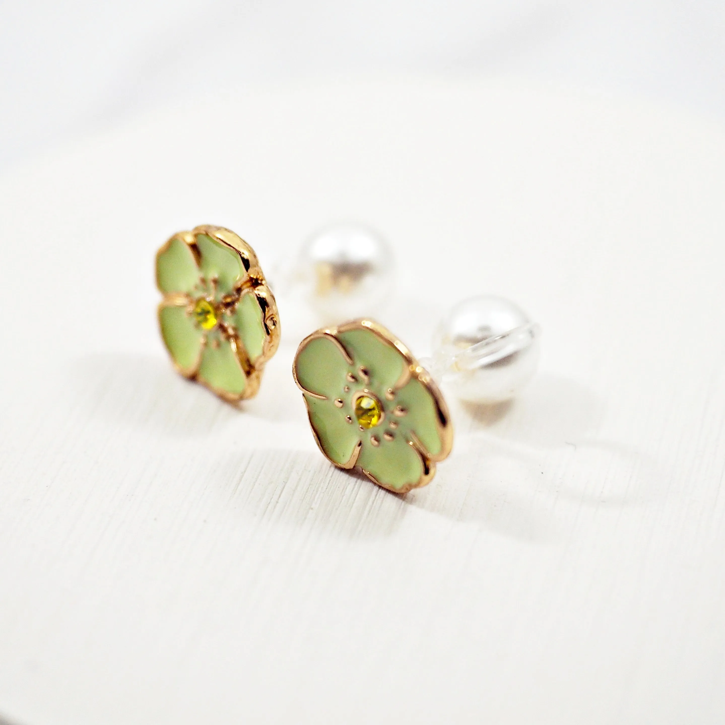 Double Sided Light Green Flower and Pearl Invisible Clip On Stud Earrings