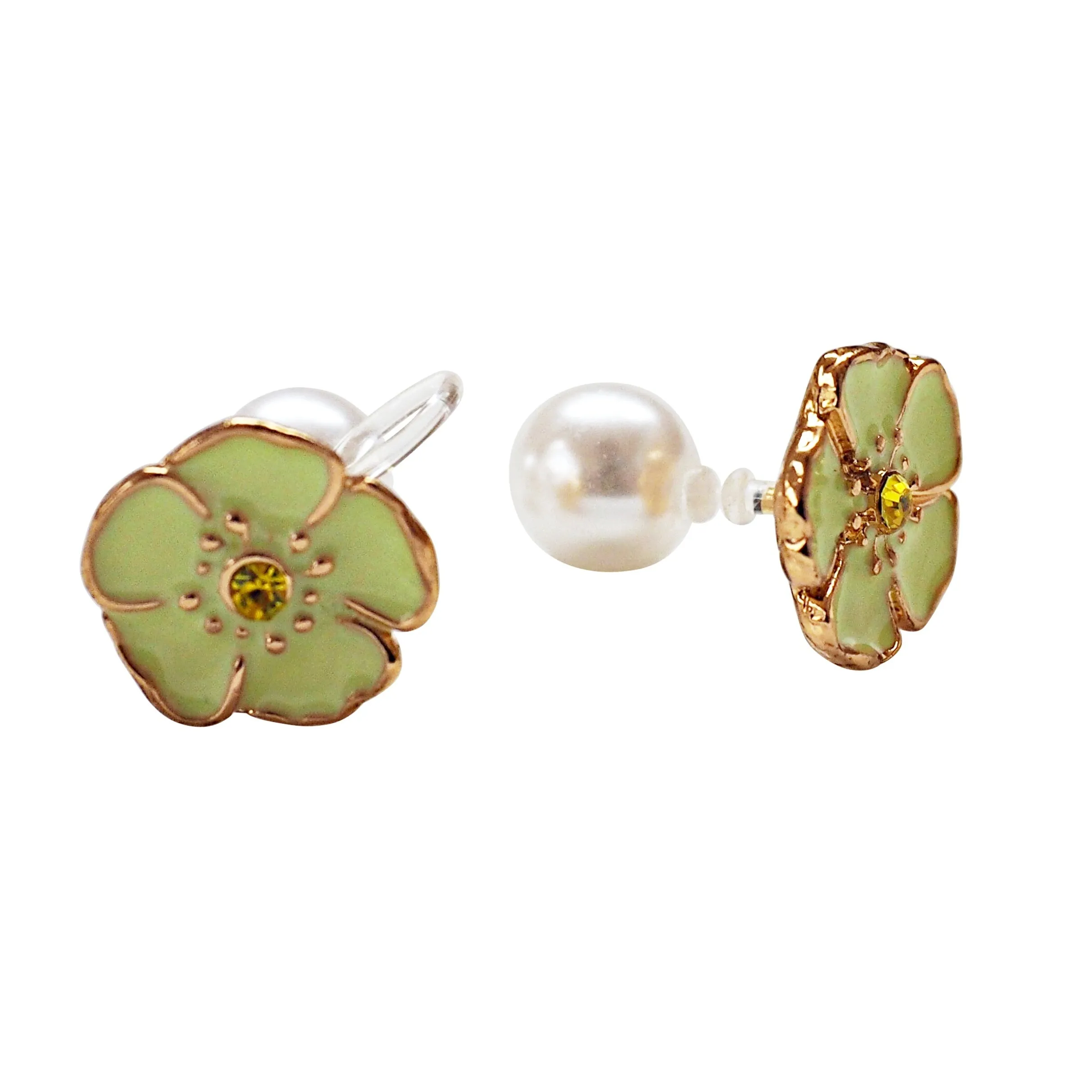 Double Sided Light Green Flower and Pearl Invisible Clip On Stud Earrings