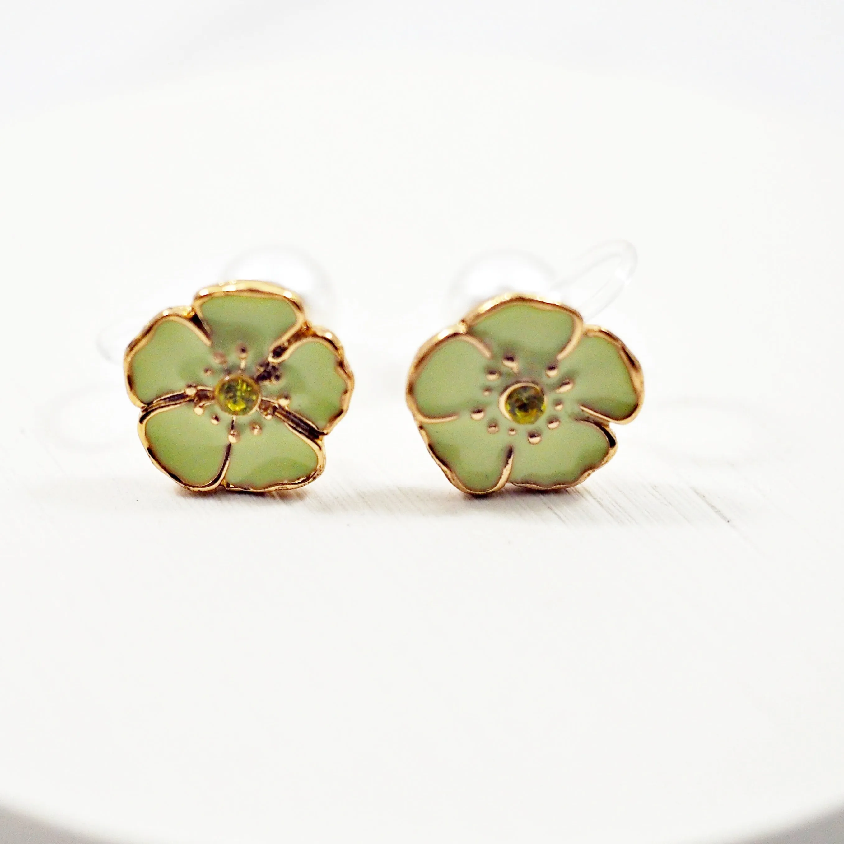 Double Sided Light Green Flower and Pearl Invisible Clip On Stud Earrings