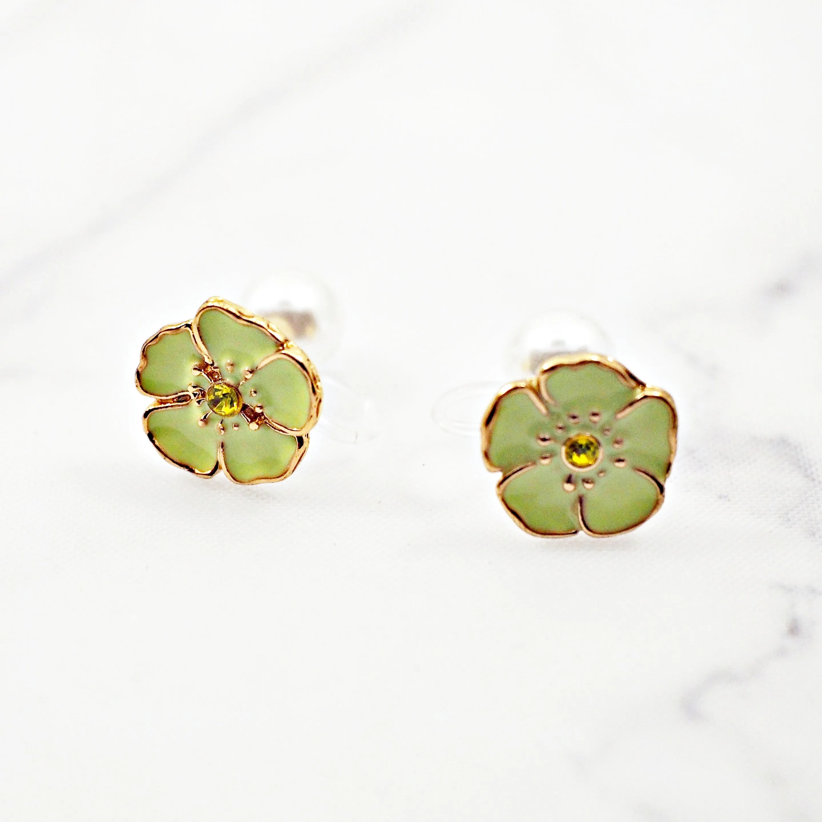 Double Sided Light Green Flower and Pearl Invisible Clip On Stud Earrings