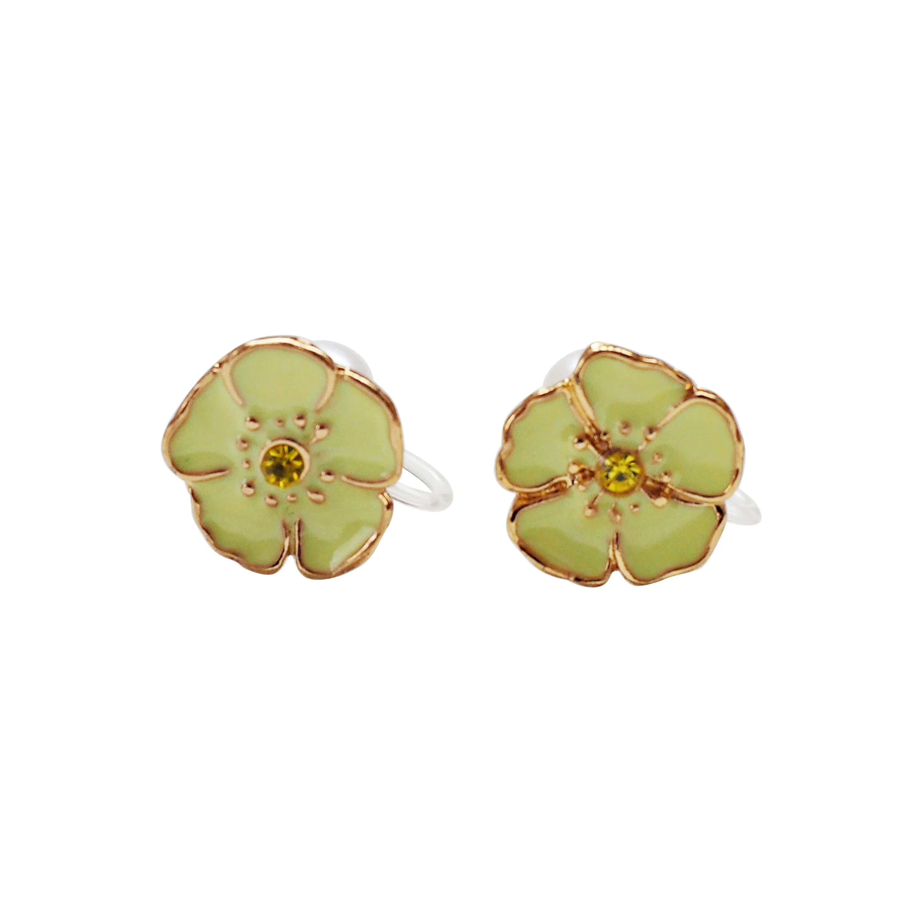 Double Sided Light Green Flower and Pearl Invisible Clip On Stud Earrings