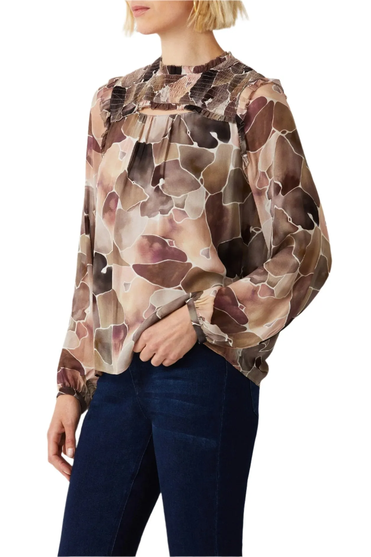 Ecru Designs High Neck Long Sleeve Multi Print Viscose Blouse