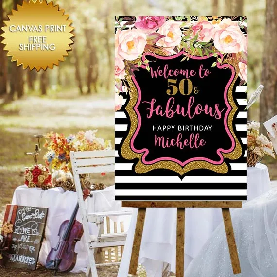 Fabulous Birthday Boho Floral and Stripe Canvas Sign with Customized Message