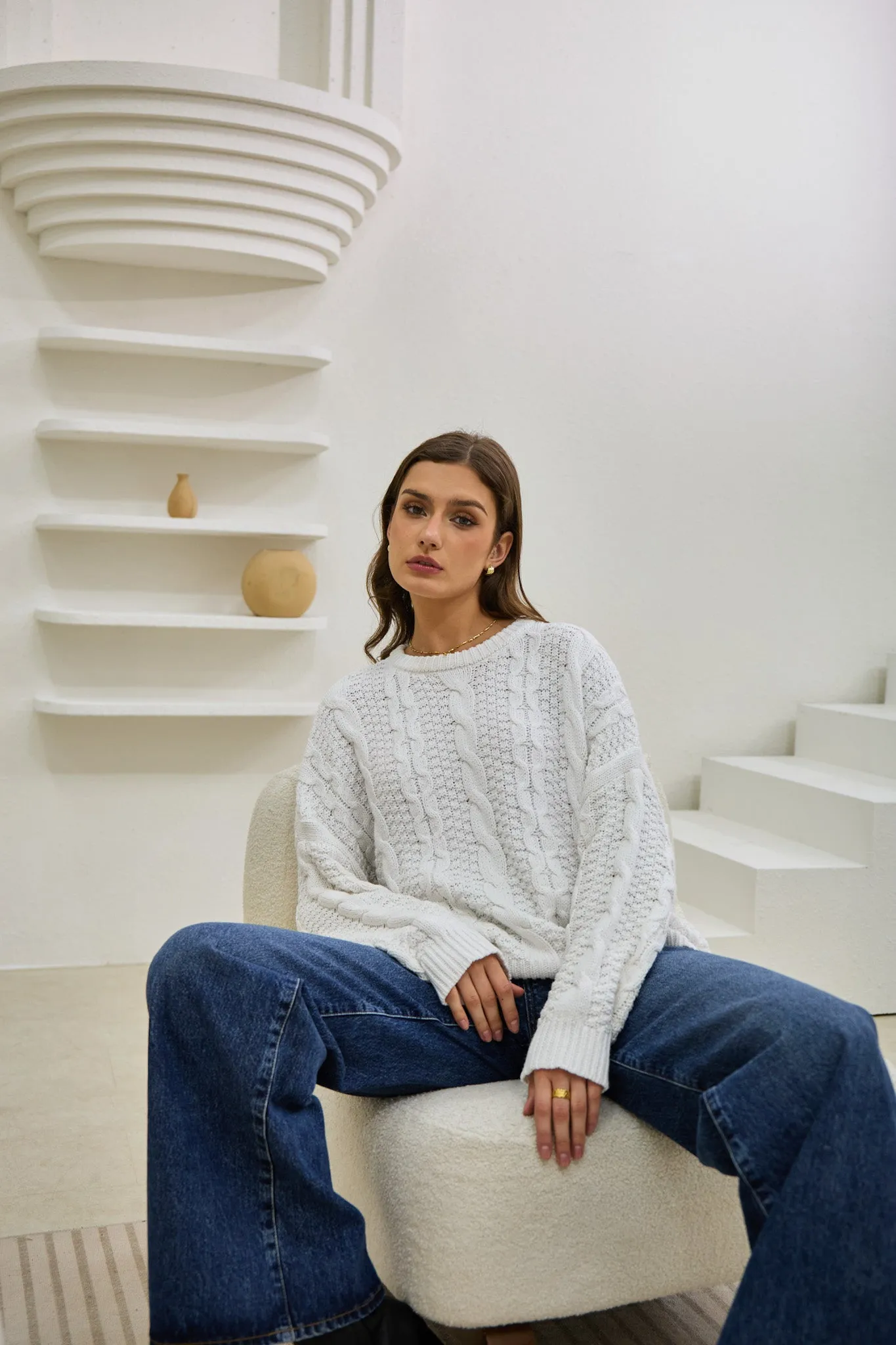 Faith White Cable Knit Sweater